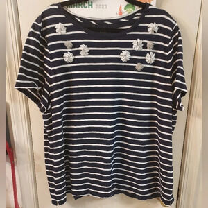 Talbots Women Navy Blue & White Stripes w/ Embellished Flowers Shirt in Size 3XL